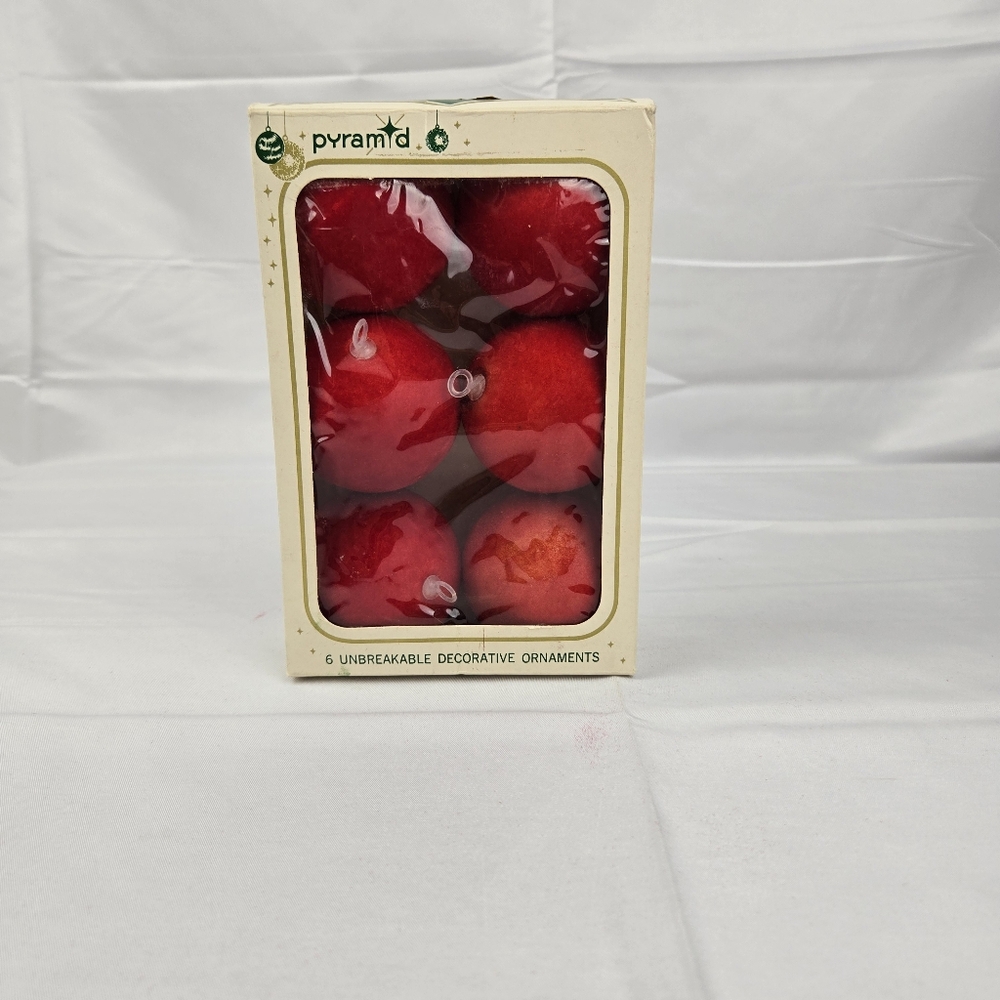 6 Vintage Pyramid Unbreakable Red Ornaments Christmas Satin-Sheen 2.5”